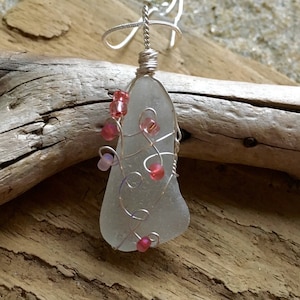 Genuine White Sea Glass Pendant Necklace with Pink Glass Beads image 1