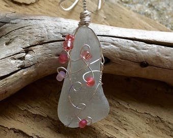 Genuine White Sea Glass Pendant Necklace with Pink Glass Beads