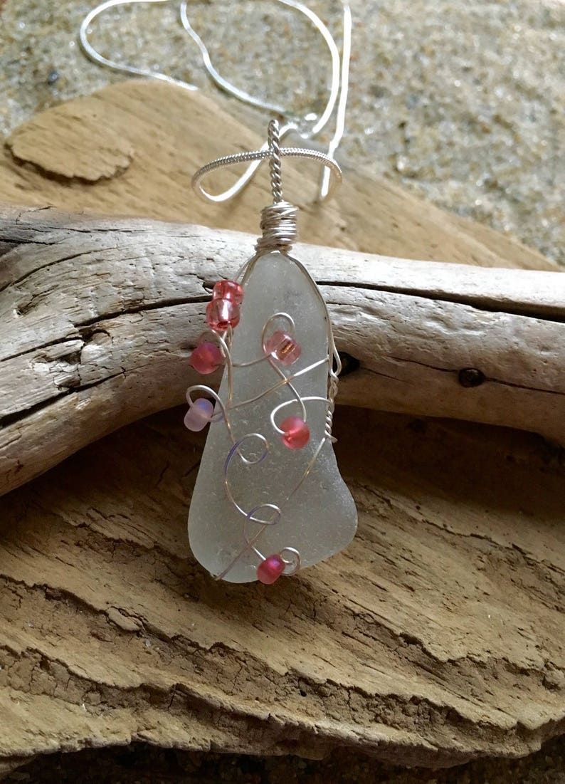 Genuine White Sea Glass Pendant Necklace with Pink Glass Beads image 1