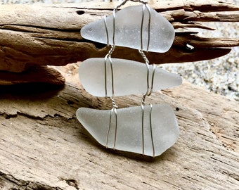 Genuine White Sea Glass Pendant Necklace - Triple Design