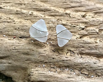Genuine white sea glass post earrings - bands design, Sea Glass Stud Earrings, Sea Glass Jewelry, Handmade Jewelry, White sea glass, Gift