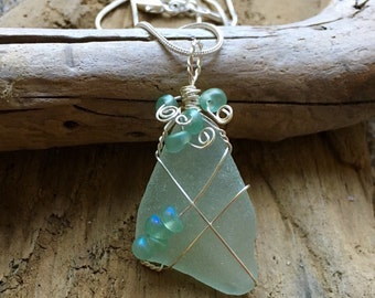 Genuine Sea Glass, Aqua-Green Pendant Necklace with Matching Glass Beads