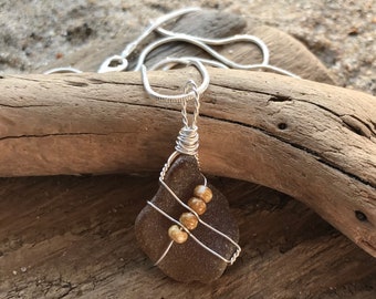 Genuine Brown Sea Glass & Speckled Brown Glass Beads Necklace, Sea Glass Jewelry, Handmade, One of a Kind, Gift  for Her, Wedding