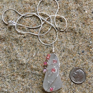 Genuine White Sea Glass Pendant Necklace with Pink Glass Beads image 4