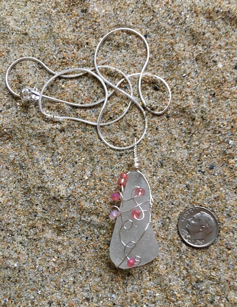 Genuine White Sea Glass Pendant Necklace with Pink Glass Beads image 4