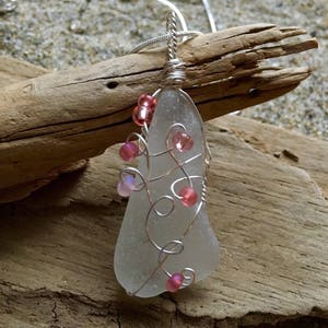 Genuine White Sea Glass Pendant Necklace with Pink Glass Beads image 3