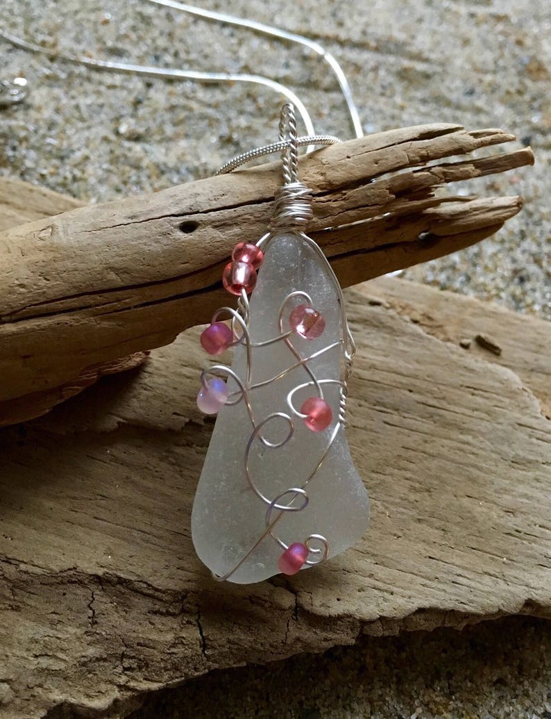 Genuine White Sea Glass Pendant Necklace with Pink Glass Beads image 3