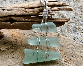 Genuine Sea Glass, Light Green Pendant Necklace - Triple Design