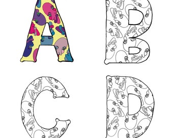 Full alphabet coloring sheets featuring surreal faces. Print and color individual letters to form any word.