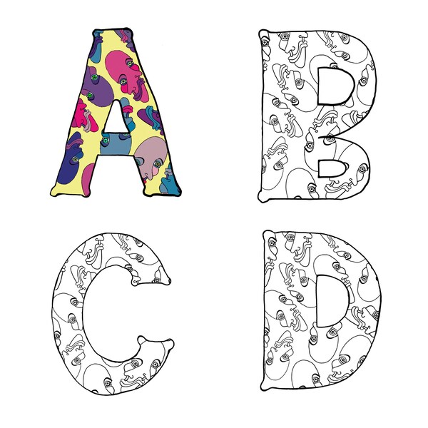 Full alphabet coloring sheets featuring surreal faces. Print and color individual letters to form any word.
