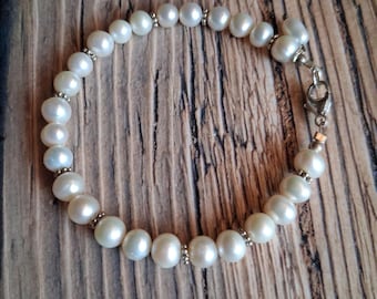 White Freshwater pearl sterling silver bracelet unique handmade gift