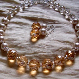 Crystal 16mm Pearl Necklace Big Bold Chunky Necklace Ivory Golden Champagne Necklace Unique Gift Large AB Crystal Necklace Earrings Set