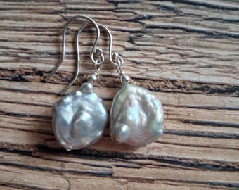 Big baroque pearl earrings free organic shape freshwater pearl sterling silver earrings Grey Silver shimmering pearl earrings