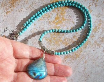 Turquoise flashy labradorite pendant necklace with blue faceted gemstone and sterling silver