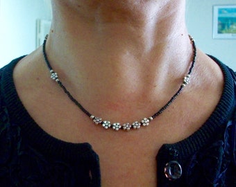 Flower choker 6 flower black seed bead floral layering delicate necklace with sterling silver