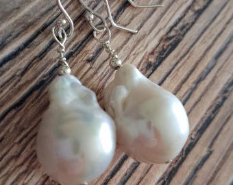 Huge Long Baroque Pearl Earrings White Flameball Fireball Natural Freshwater Pearl Sterling Silver or Gold Earrings