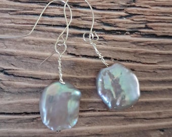 Big long baroque pearl earrings free organic shape freshwater pearl sterling silver earrings Grey Silver shimmering pearl earrings