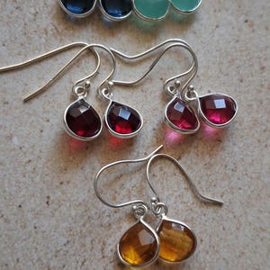 Garnet Ruby Citrine Blue Topaz Green Chalcedony tear drop heart bezel sterling silver earrings
