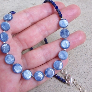 Kyanite necklace Blue Kyanite Lapis Sterling Necklace Coin Stone Necklace Blue gemstone sterling necklace earrings bracelet set unique gift
