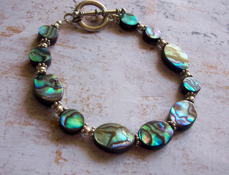 Abalone Bracelet Oval and Coin Shimmering Paua Shell Bracelet Natural