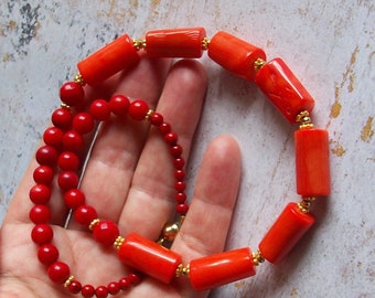 Coral necklace orange red necklace big bold chunky necklace natural bamboo coral necklace red gold gemstone statement necklace earring set