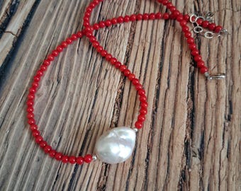 Big Baroque pearl Red Coral sterling silver Necklace natural white freshwater pearl coral choker