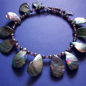Big Shell Necklace Peacock Necklace Bib Necklace Large Natural Shell Necklace Purple Necklace Shell Amethyst Pearl Necklace Earrings Set