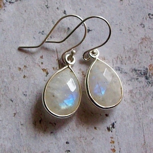 Moonstone Earrings White Sterling Earrings blue flash chatoyant moonstone earrings flashing gemstone earrings bezel tear drop earrings gift