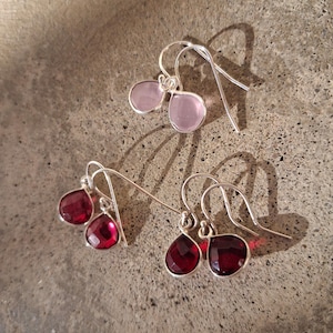 Garnet Ruby London blue topaz Rose Quartz gemstone tear drop heart bezel sterling silver earrings
