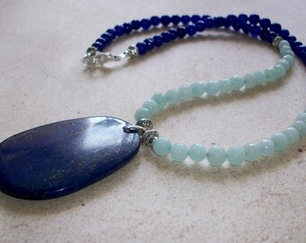 Amazonite necklace lapis pendant necklace blue green necklace large pendant necklace long gemstone necklace SP blue statement necklace
