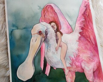 Giant spoonbill with woman original watercolor painting