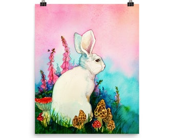 Rabbit and mushrooms watercolor print