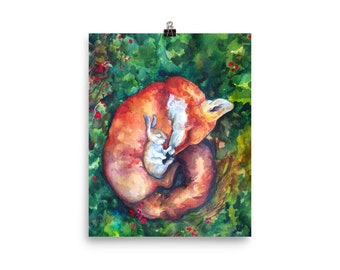 Fox and rabbit sleeping watercolor art print