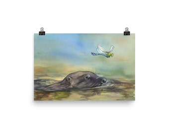Otter and dragonfly watercolor art print
