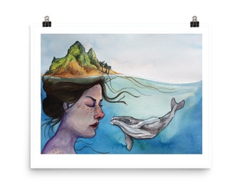 Meditation watercolor print woman and whale