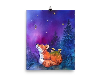 Fox and fireflies whimsical watercolor art print