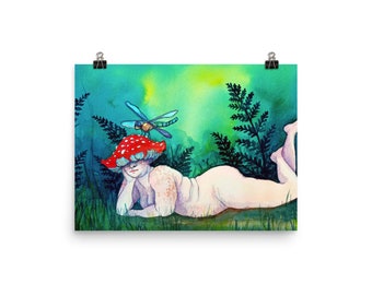 Impressão em aquarela de mulher cogumelo
