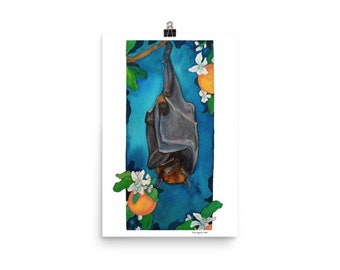 Bat with fruit watercolor poster print