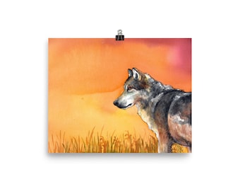 Wolf at sunrise watercolor print