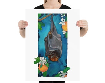 Large fruit bat watercolor poster print bat sleeping in fruit tree