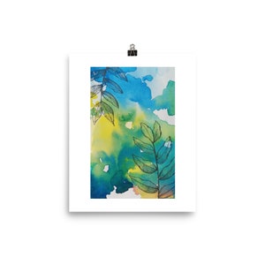Abstract watercolor art print leaves in green