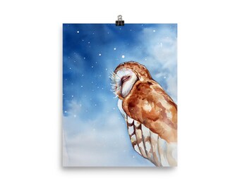 Winter solstice snowy barn owl watercolor print