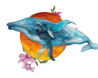 Humpback whale mother and calf original watercolor painting