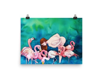 Flamingo and female watercolor art print