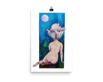 Donna fungo sotto la luna piena stampa artistica ad acquerello