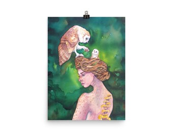 Gateway owl mother and baby nest watercolor print