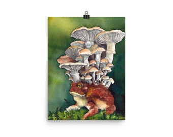 toad with mushrooms watercolor art print