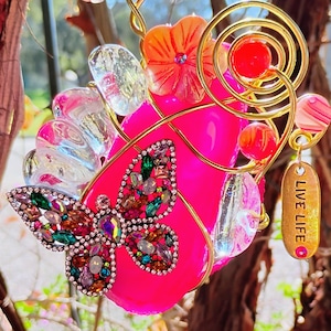 Butterfly and Pink Agate - Sun Catcher- #482