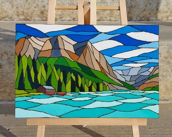 Lake Louise Boathouse, Banff, Canada Acrylic Painting & Wood Burn Original Artwork