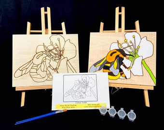 Bumblebee On White Flower - Paint By Number Kit for Kids and Adults - Acrylic Paint with Burned Lines on Wooden Plank